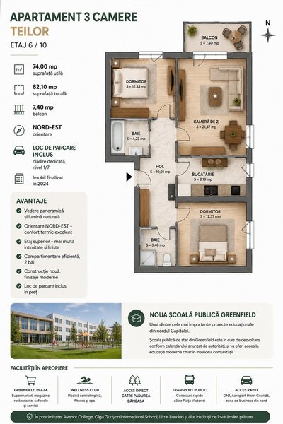 APARTAMENT 3 CAMERE GREENFIELD TEILOR - ETAJ 6/10 VEDERE PANORAMICA PARCARE INCLUSA